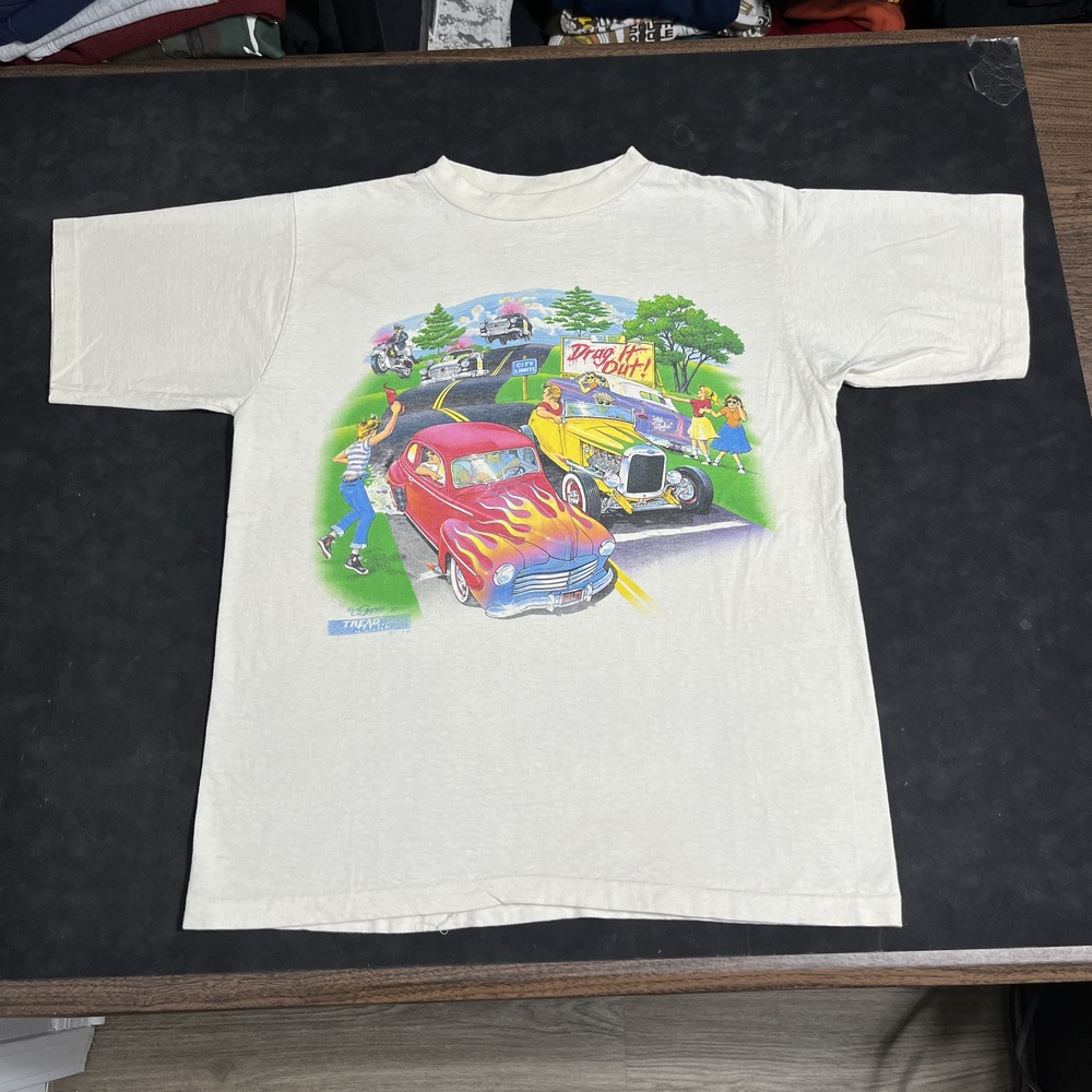 Vintage Hot Rod Drag Racing 1980s Rat Fink Shirt Smith Tread Mark Pin Up 1950s